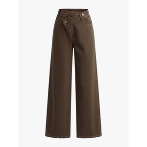 Commense Wide Leg Jeans Womens MED Brown Crossover Asymmetrical Waist High Rise